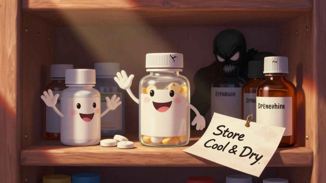 Personified medicine bottles on a shelf: safe tablets smile while dangerous liquids hiss in shadow, lit by sunlight.