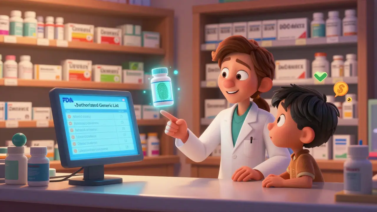 Pharmacist showing FDA authorized generic list on screen, shelves with branded and generic drugs behind.