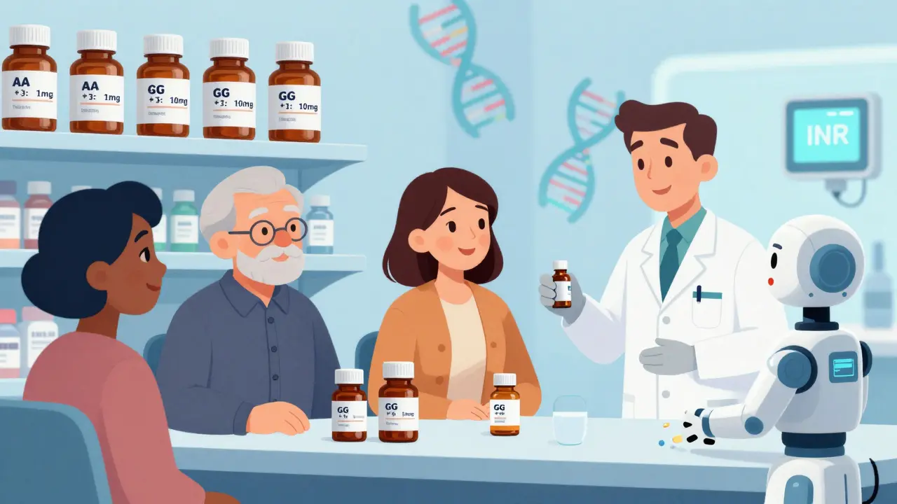 Pharmacy shelf with warfarin bottles labeled by genetic profiles, diverse patients receiving personalized pills