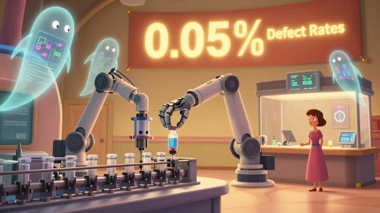 Robot arm fills vials in a sealed system, holographic data floats above, no humans touching the product.