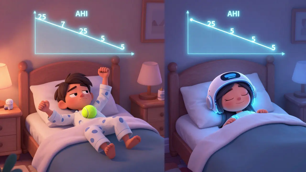 Side-by-side Disney-style scene comparing tennis ball method discomfort with a wearable vibration device for better sleep.