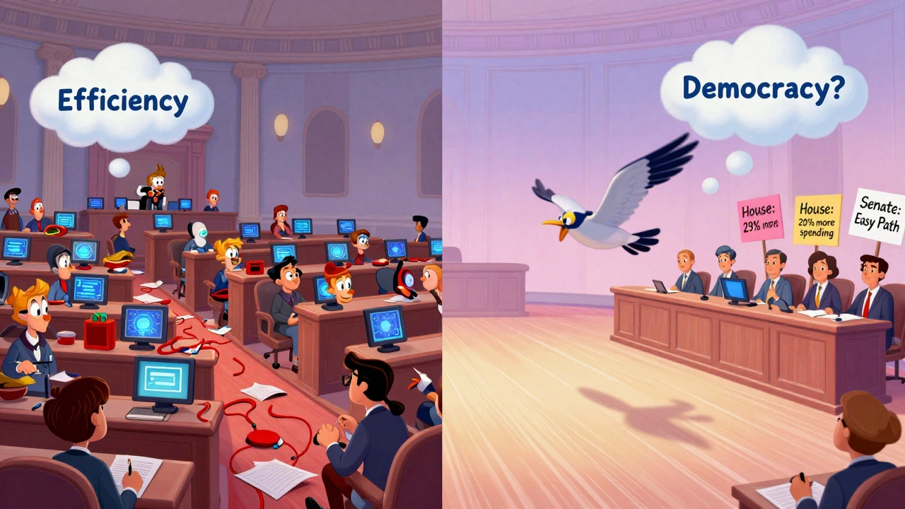 Split scene: chaotic House amendment process vs. smooth Senate process, lobbyists holding signs about lobbying spending.