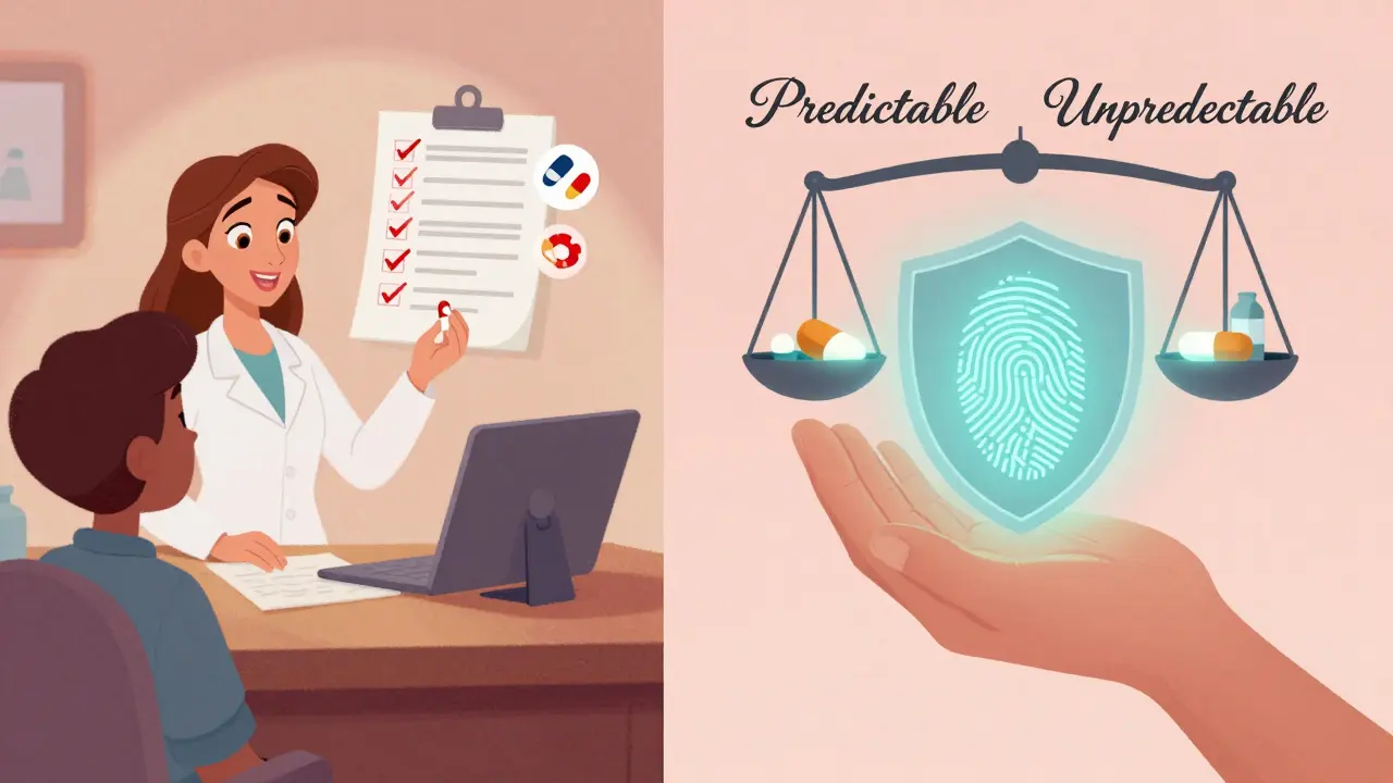 Split scene: pharmacist giving pill with blood tests on one side, genetic scan blocking drug on the other.
