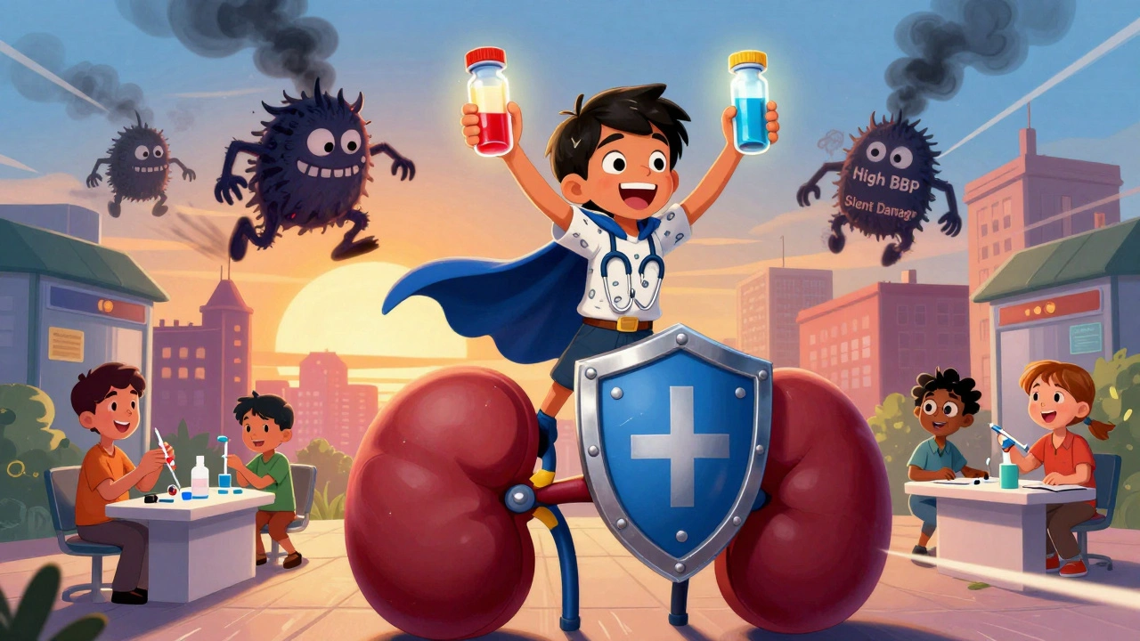 Superhero Kidney Defender holding test vials as dark monsters flee, with sunrise over a city where people get tested.