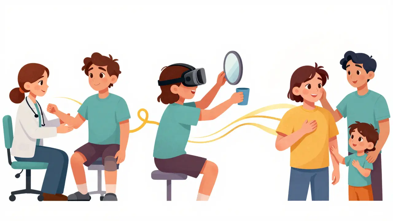 Three stages of stroke recovery shown in one illustration: passive movement, retraining with VR, and adapting with one hand.