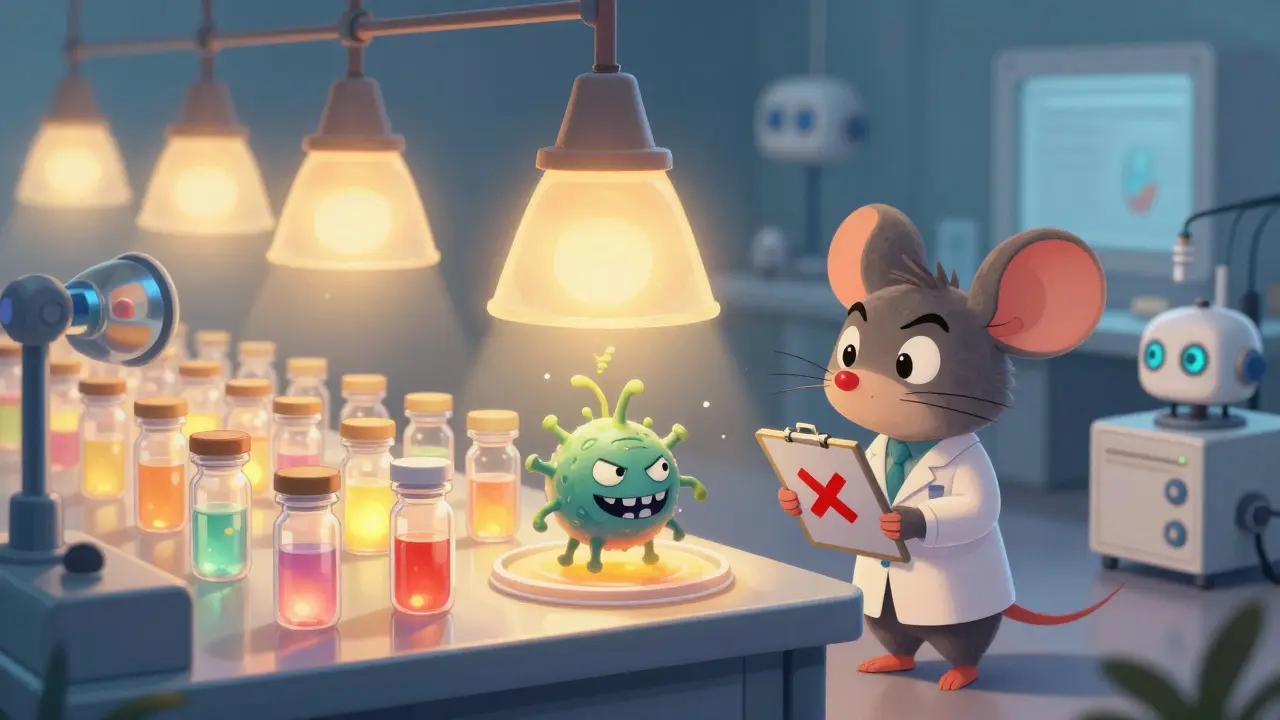 Tiny vials incubate with one growing a silly monster microbe, while a mouse inspector checks results.