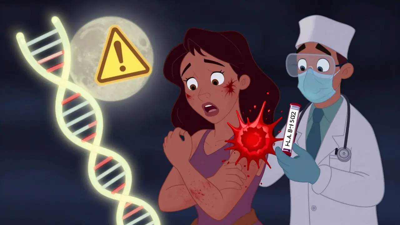 Young woman with dramatic rash, DNA warning symbol glowing beside her, doctor holding genetic test.