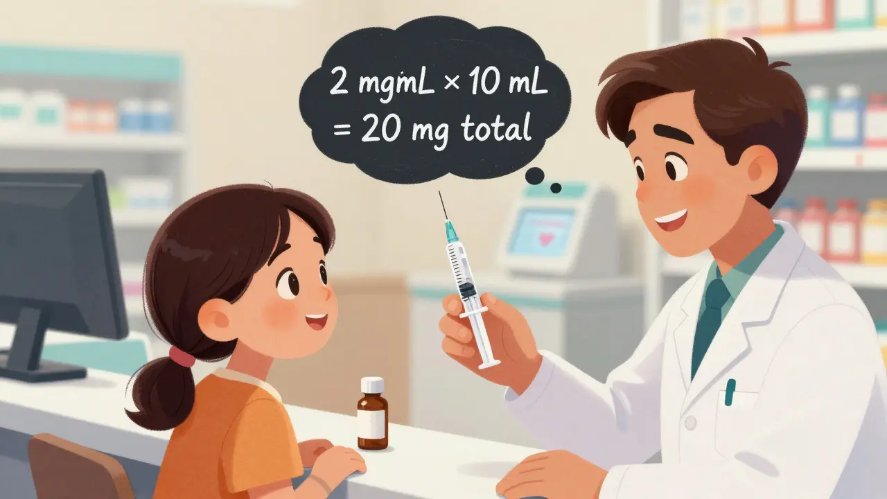 A caregiver receives an oral syringe with a visual math calculation floating above, symbolizing safe dosing.