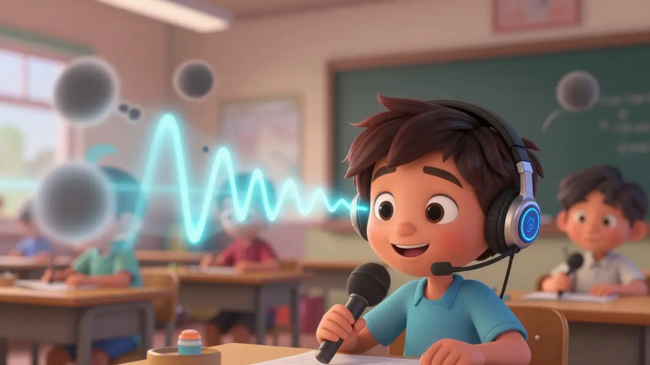 A child wearing an FM headset, with clear sound waves flowing to them while noisy chaos surrounds them.