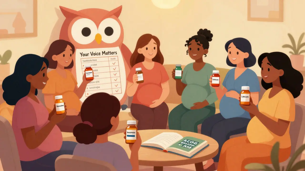 A circle of pregnant women with medication bottles and a supportive owl-shaped chart showing personalized risks and empowerment.
