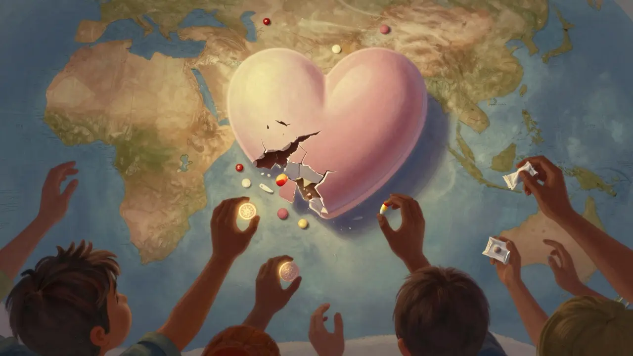 A crumbling heart-shaped pill over a map, children reaching for real medicine amid falling fake packages.