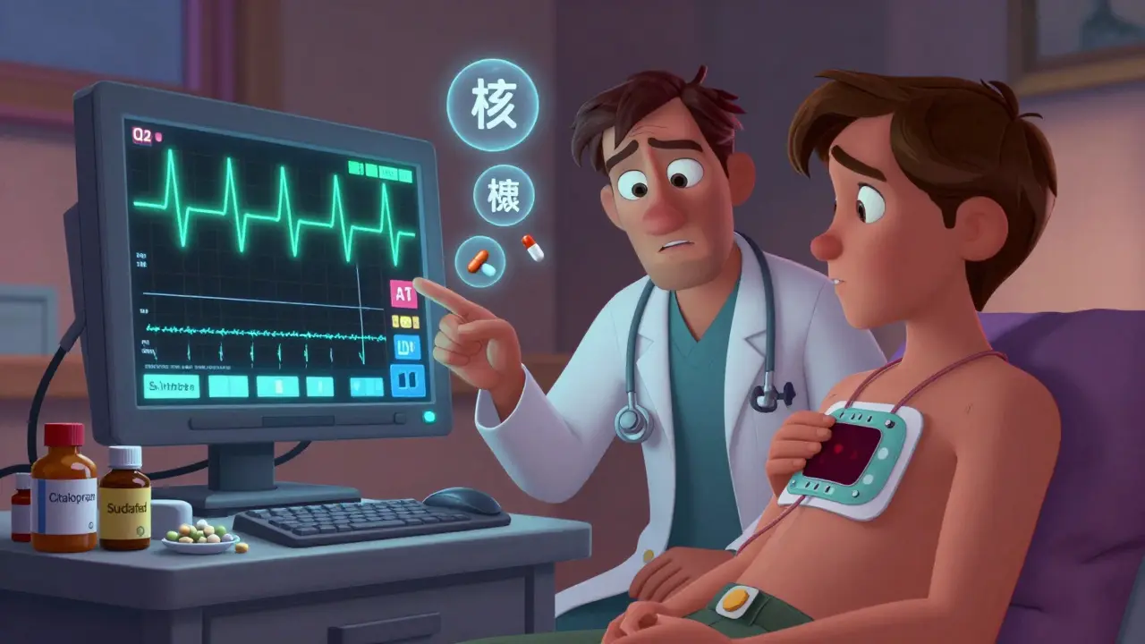 A doctor examines a glowing ECG with an elongated QT interval, patient wearing a Holter monitor, pill bottles on table.