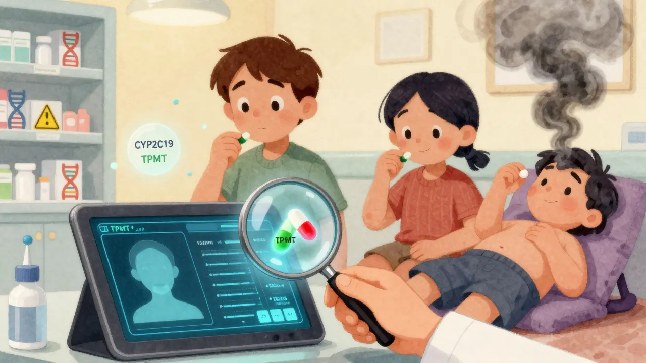 A doctor examining a genetic profile on a tablet while two patients react differently to the same medication.