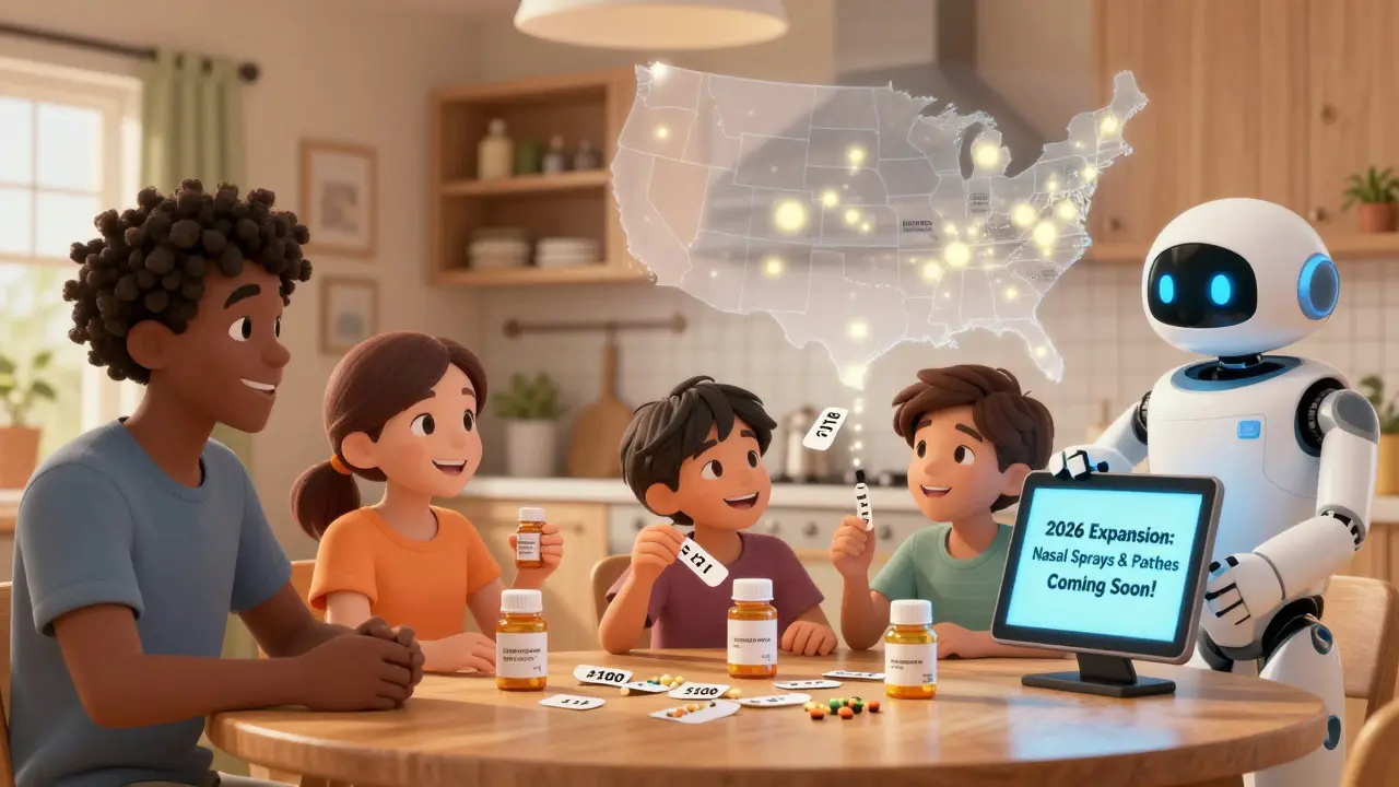 A family smiles at home with falling drug prices as a map glows with U.S. manufacturing sites and an AI assistant hovers nearby.