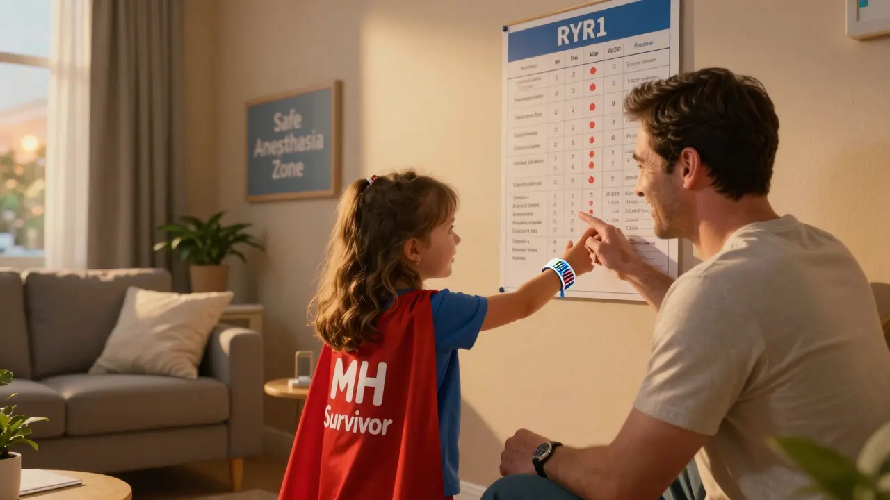 A family with a medical alert bracelet and gene chart, showing a child as a survivor in warm, hopeful Disney illustration.