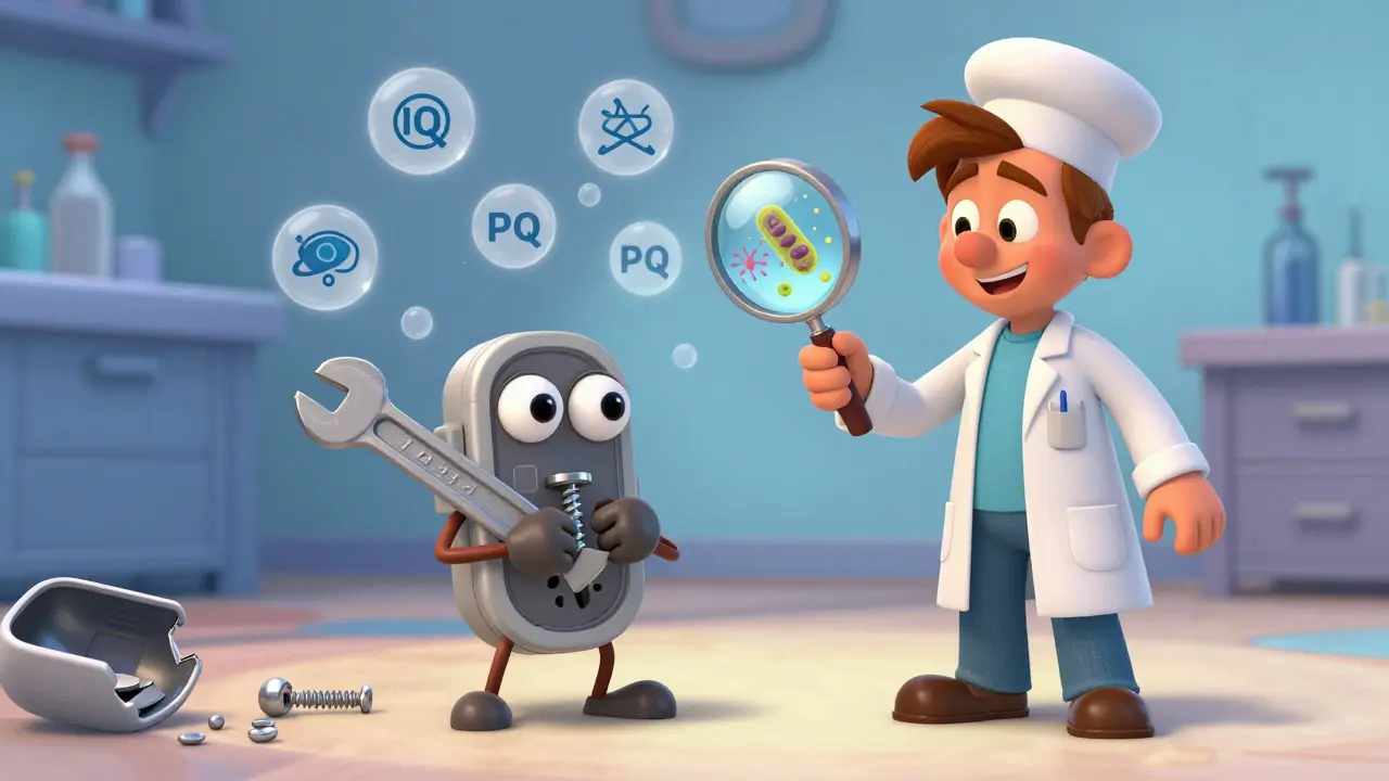 A friendly torque wrench tightening a pacemaker screw while a sterilizer kills bacteria in a clean lab.