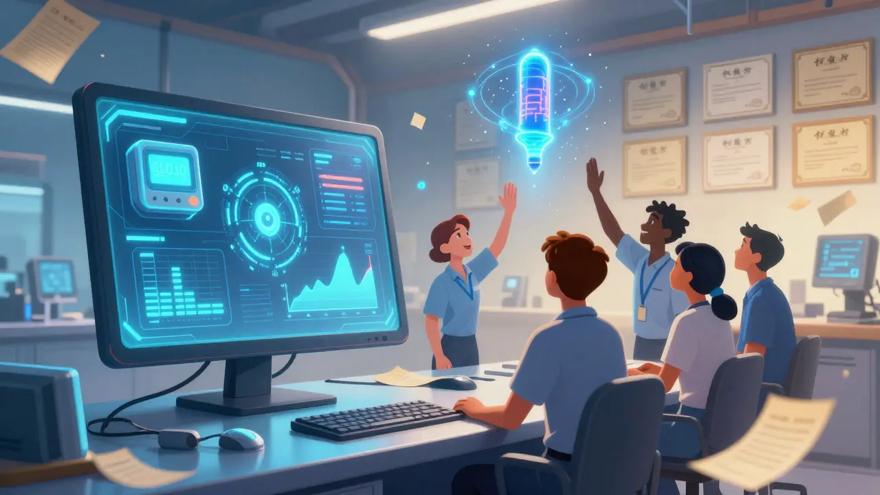 A glowing digital dashboard with AI predictions and quantum standards above a modern manufacturing floor.