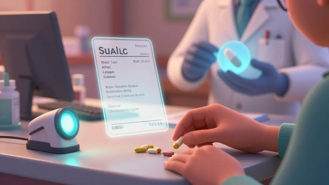 A hand counts pills while floating prescription details appear beside them, ensuring accuracy.