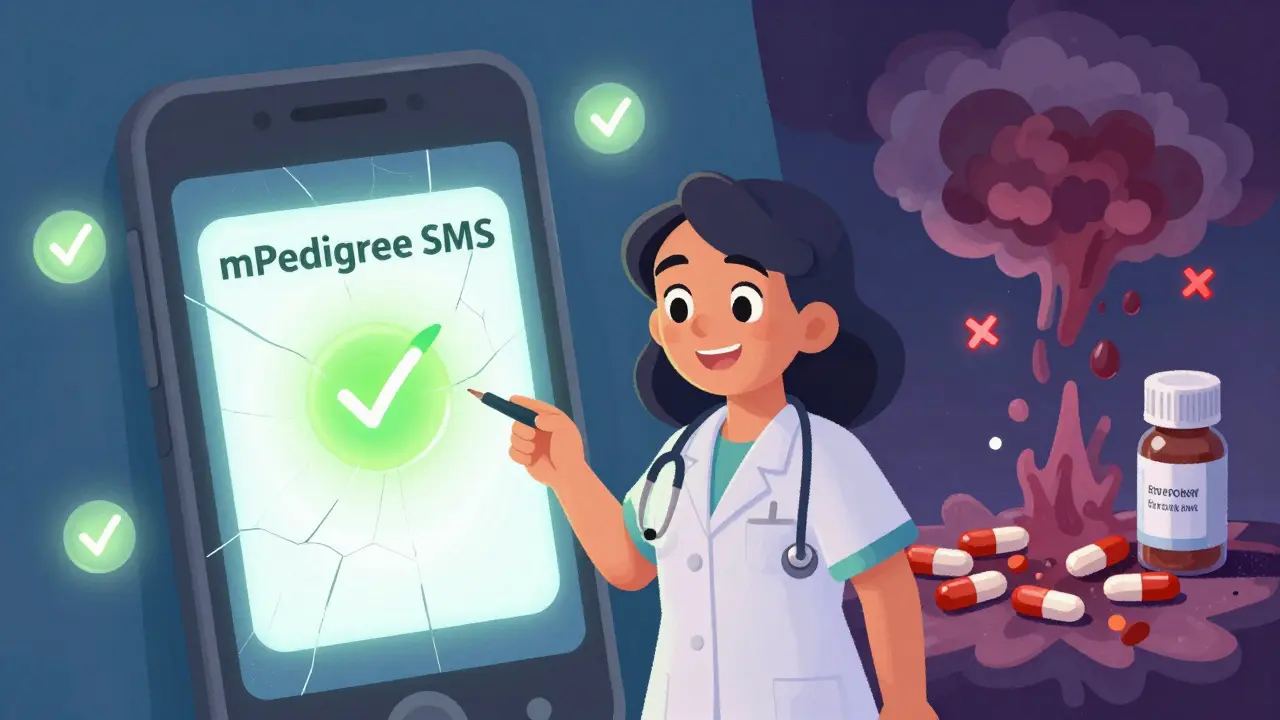 A health worker shows a phone screen verifying medicine, real pills glow while fakes turn to poison.