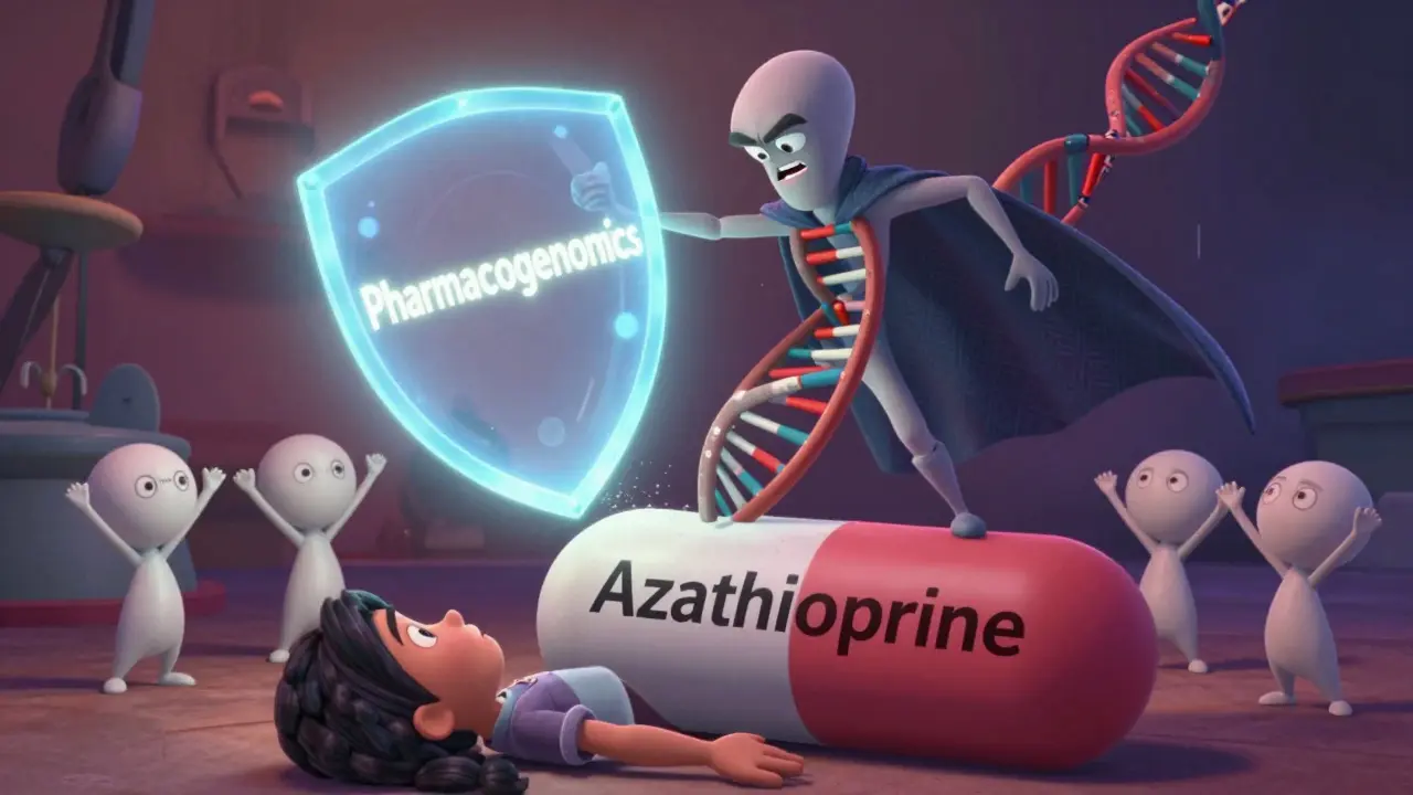 A heroic DNA strand protecting a patient from a dangerous pill, with enzyme assistants cheering in the background.