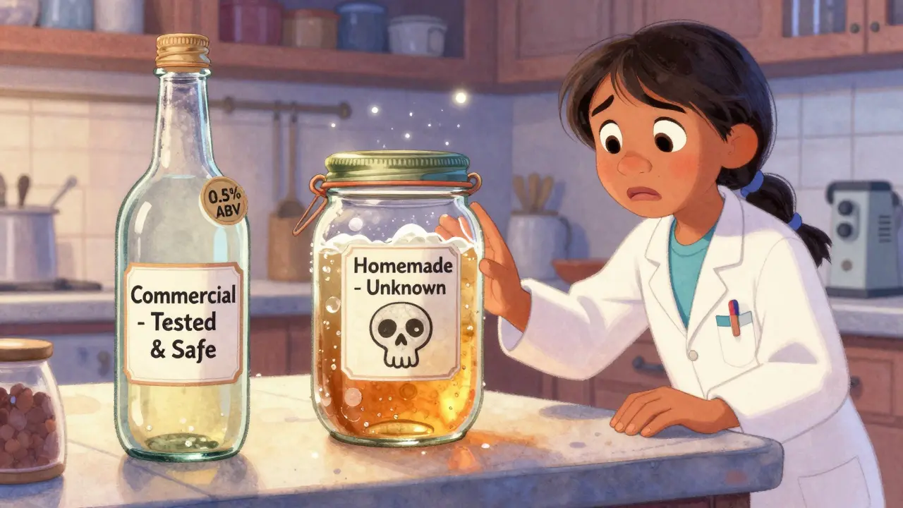 A homemade kombucha jar glows dangerously beside a tested commercial bottle, as a pharmacist stops a hand from reaching for it.