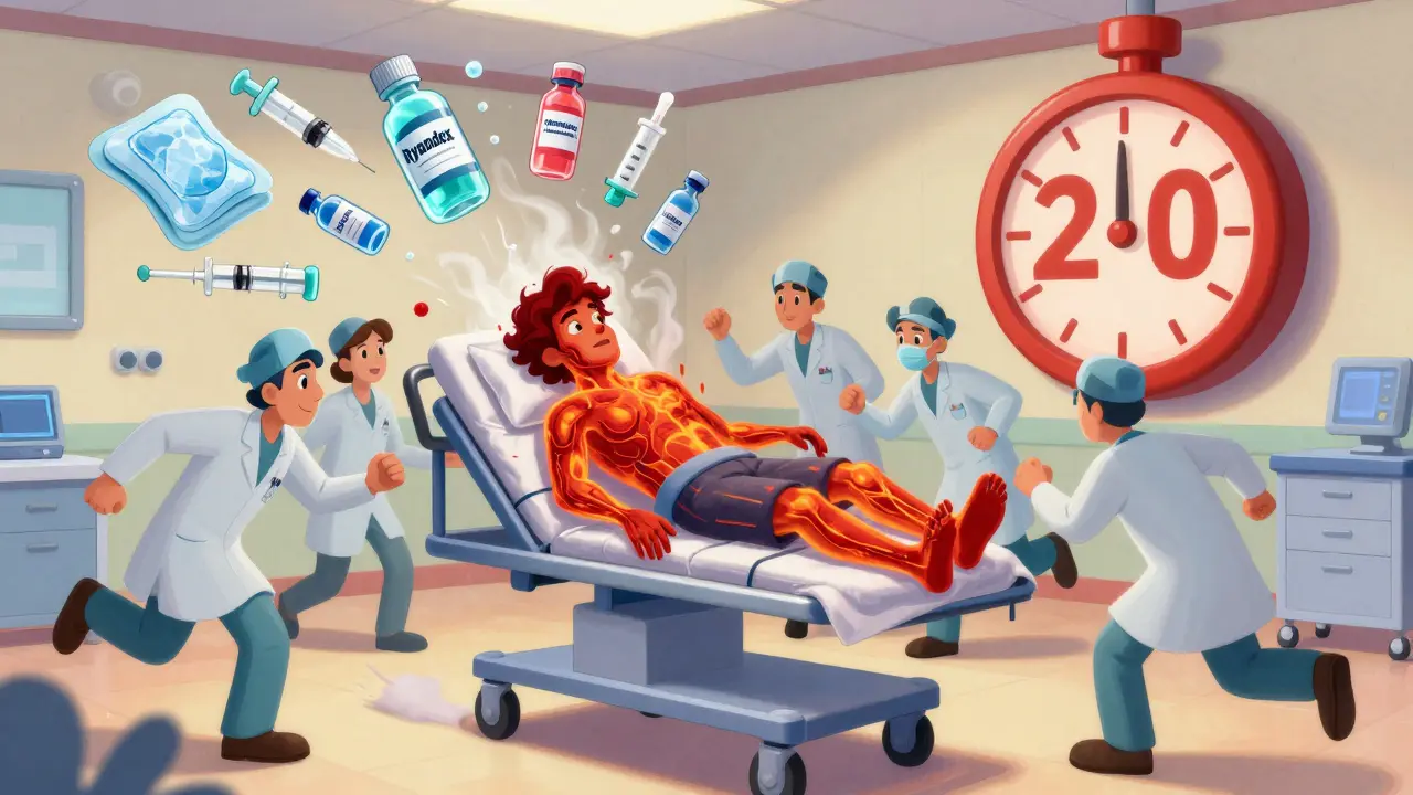 A hospital cart bursting with dantrolene vials and cooling supplies as staff rush to treat a patient in a Disney-style emergency.