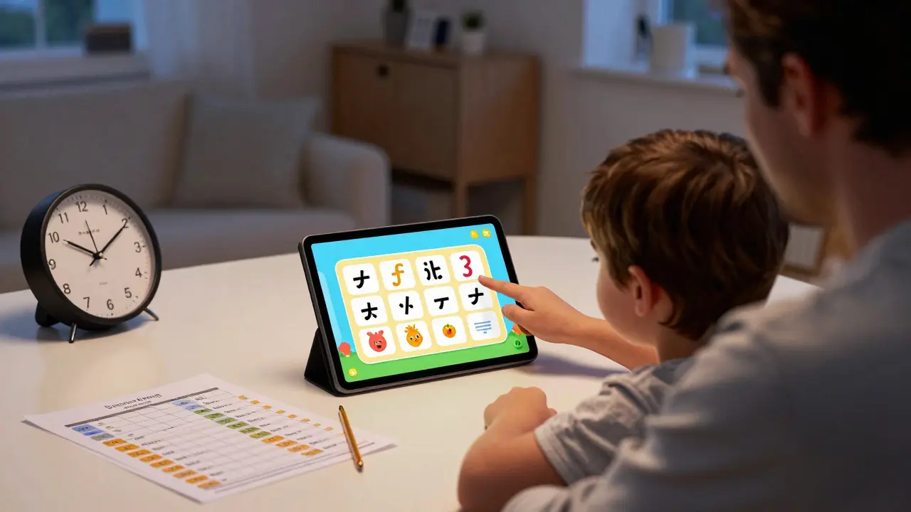 A parent and child doing auditory training on a tablet at home, with visual aids and warm evening light.