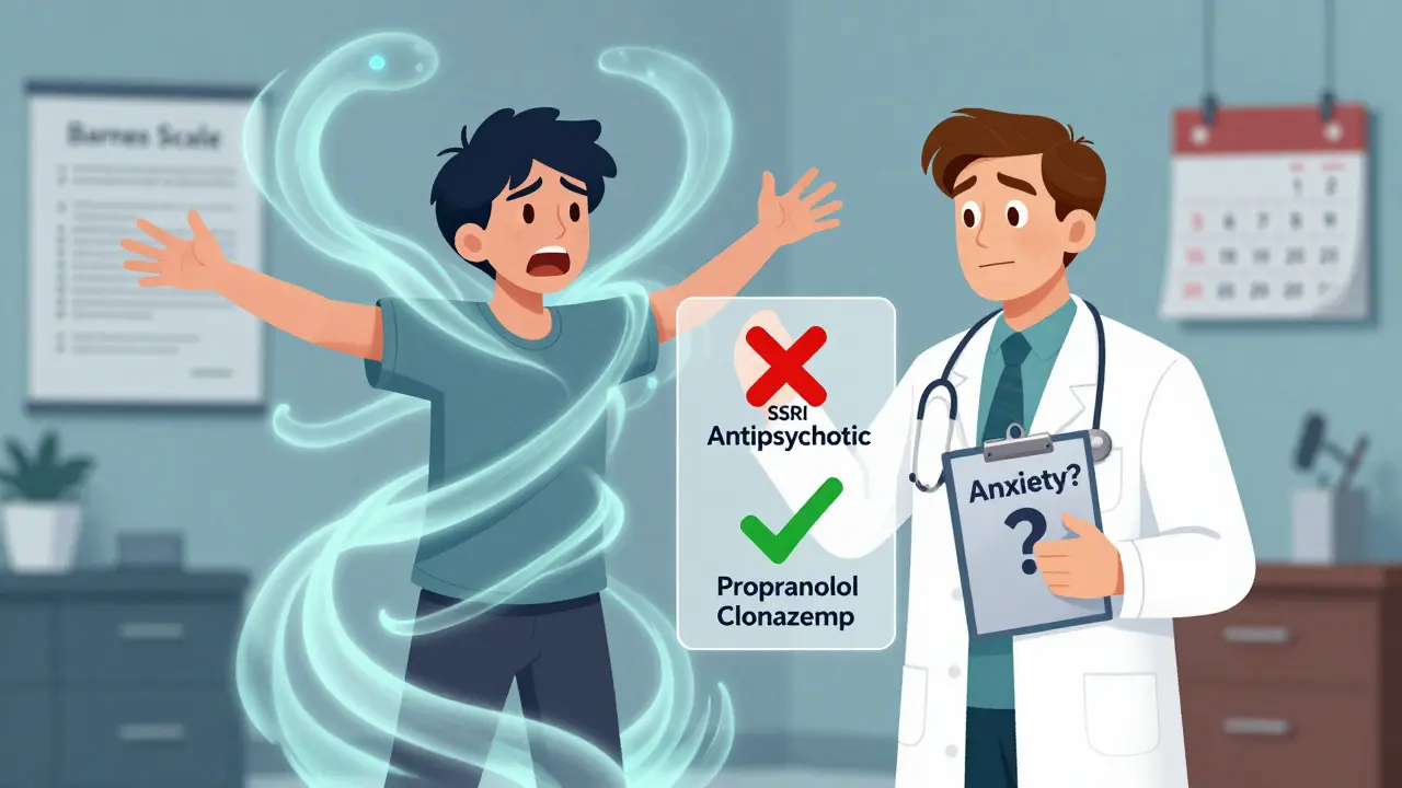 A patient in a medical setting surrounded by symbols of misdiagnosis and correct treatment options, illustrated in a soft cartoon style.