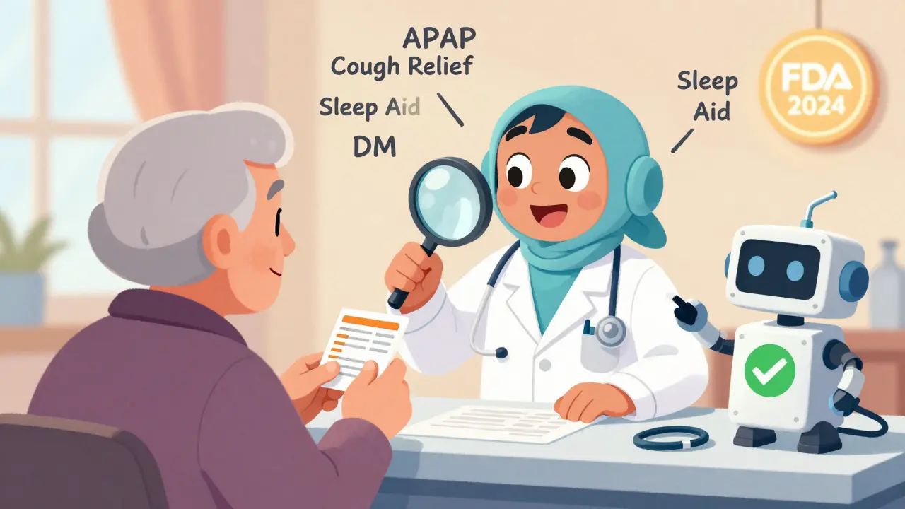 A pharmacist helping an elderly person read a medicine label with a magnifying glass, while a cartoon body points out hidden ingredients.