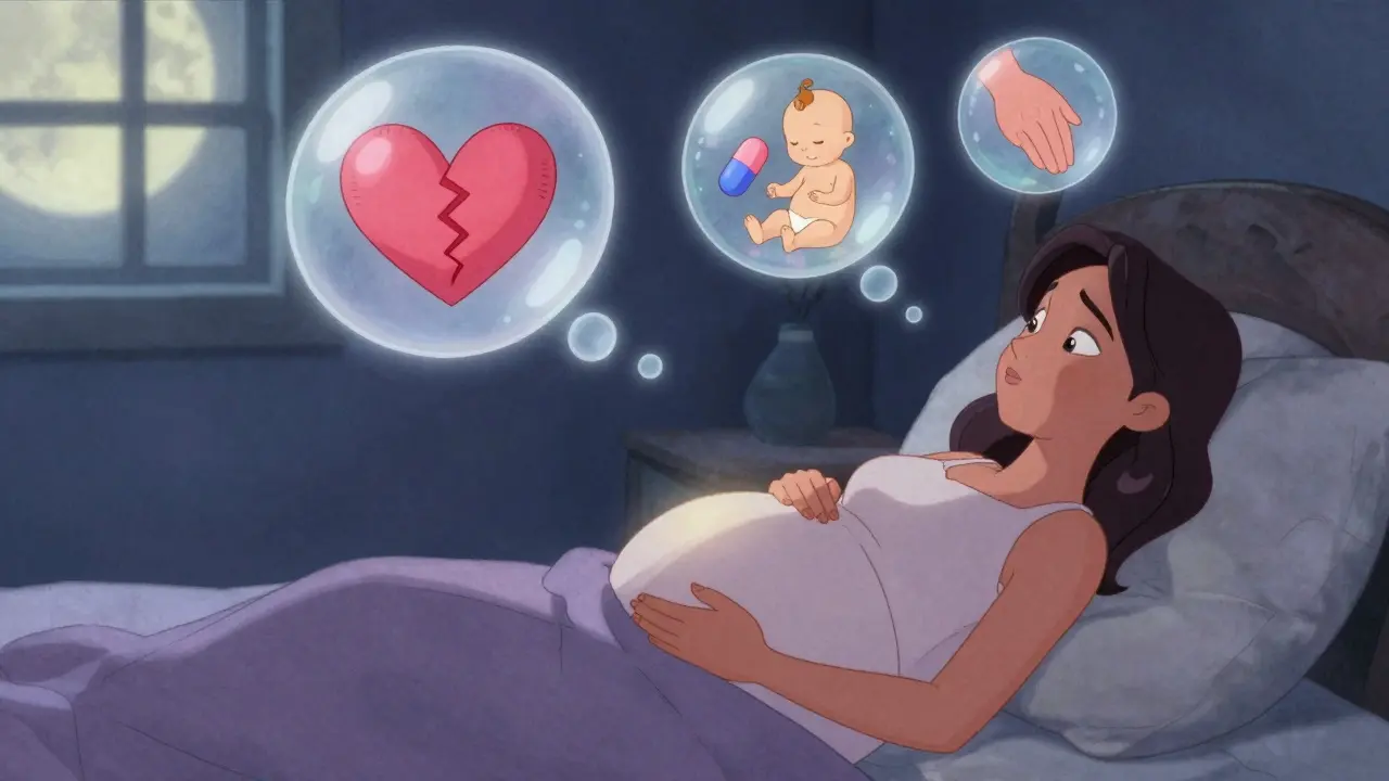 A pregnant woman at night surrounded by thought bubbles showing depression, medication, and hope, illuminated by moonlight.