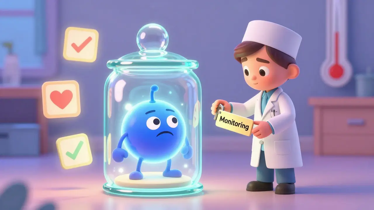 A serotonin molecule being calmly released from a jar, with fading warnings and a normal thermometer.