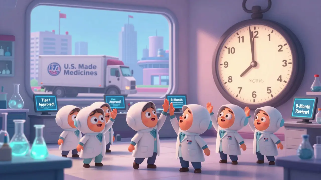 A small U.S. drug company team celebrates approval in a lab as a clock counts down from 15 to 8 months.