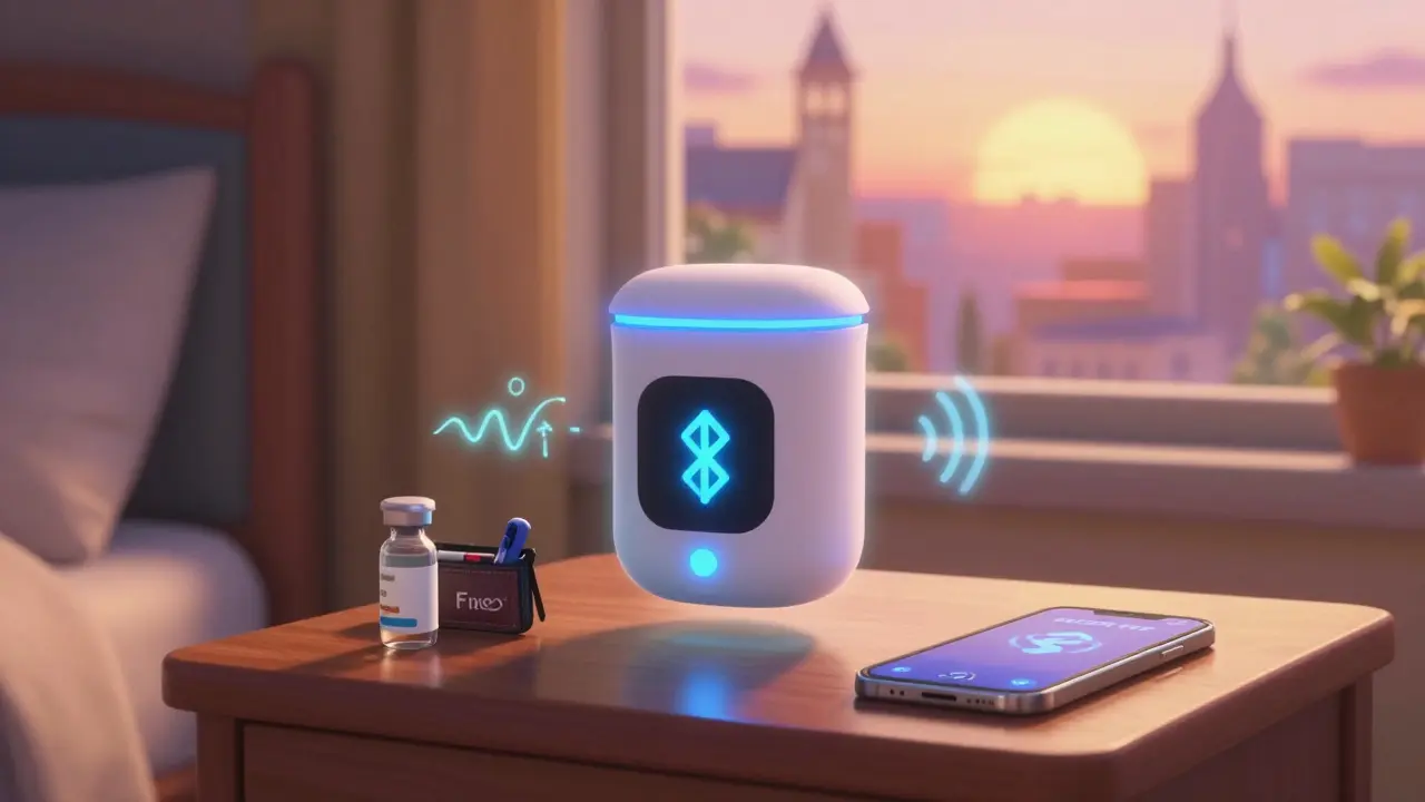 A smart medication container glows with a temperature alert on a nightstand, beside a safe insulin vial, in Disney animation style.