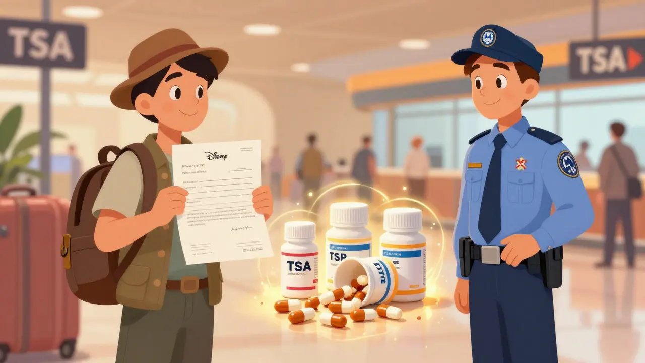 A traveler presents a doctor’s letter to a TSA agent, with unlabeled pills spilling behind them in Disney cartoon style.