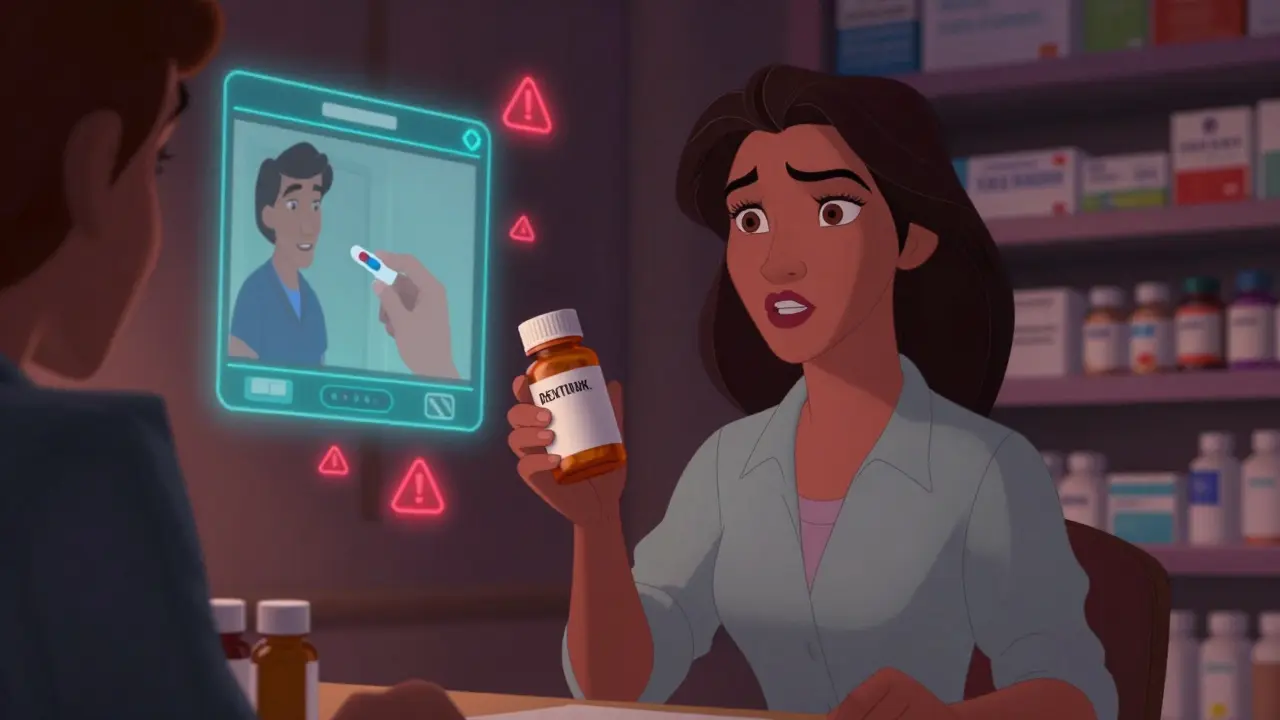 A woman reports an expired medication to a pharmacy manager, with a digital AR display in the background.
