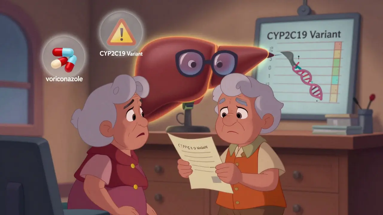 An elderly patient and a doctor with a glowing liver chart in a friendly medical office.