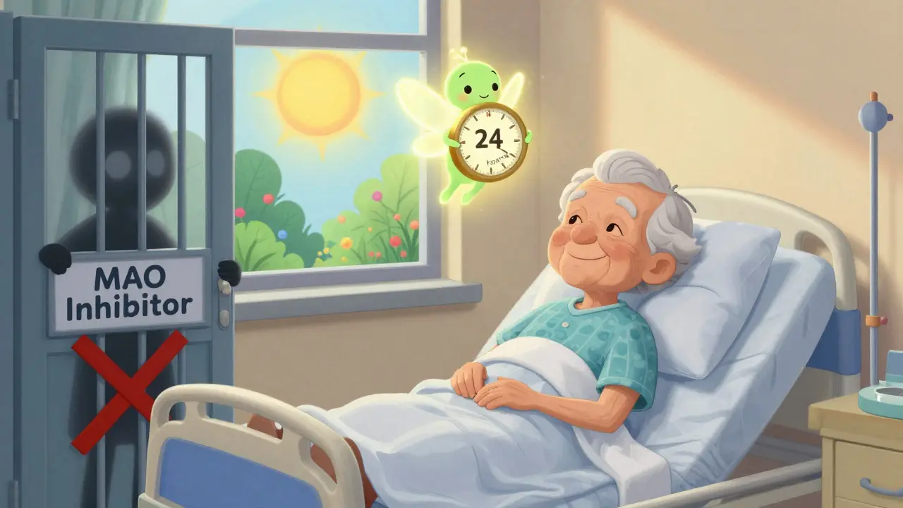 An elderly patient at peace as a serotonin fairy hovers nearby, while a dangerous drug is locked away.
