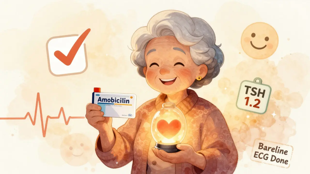 An elderly woman smiles holding a safe antibiotic prescription, her calm heart glowing, medical icons nearby.