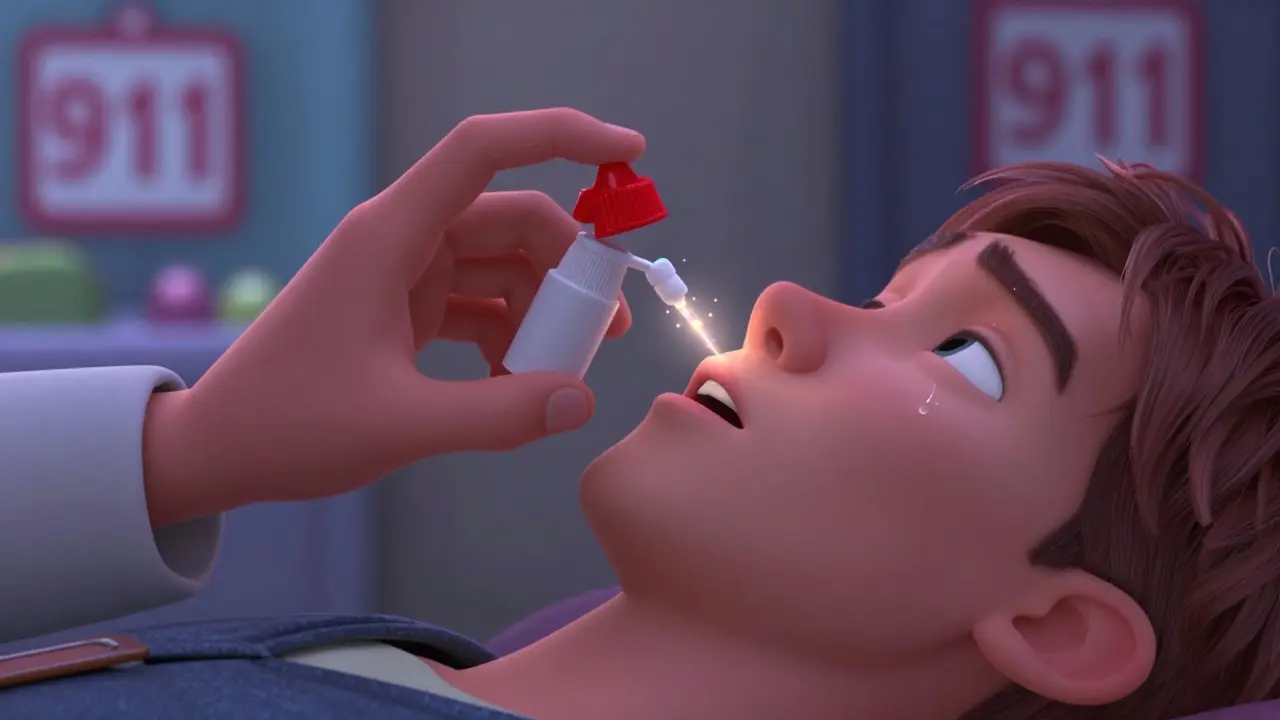 Close-up of hands giving naloxone nasal spray to someone overdosing, soft glowing light highlights the moment.