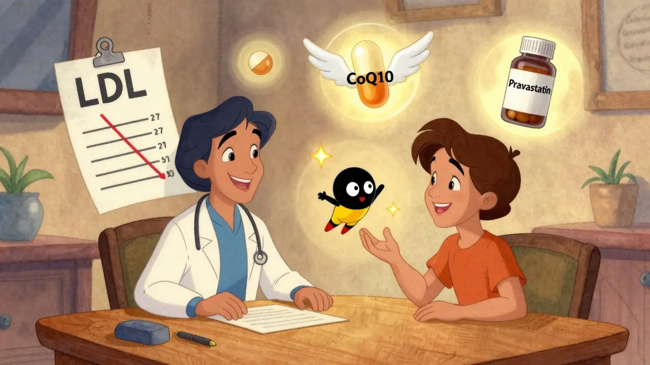 Doctor and patient discuss statin options as CoQ10 and pills float like magical choices.