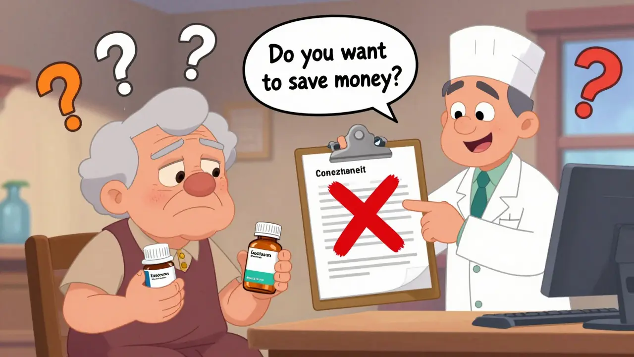 Elderly patient confused between brand and generic pills, with consent forms and question marks floating around.