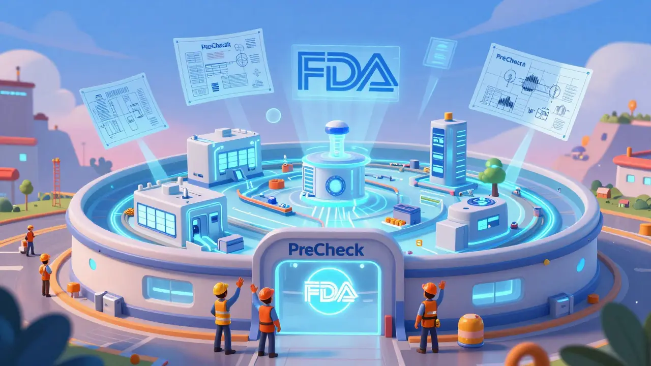 Engineers and inspectors celebrate a futuristic drug facility design with floating blueprints and a glowing FDA logo.