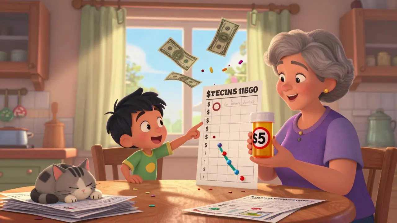 Family at kitchen table celebrating savings from generic medication with dollar bills flying.