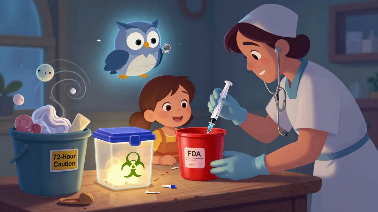Family safely disposing chemotherapy waste at home with glowing hazardous container and safety owl watching.