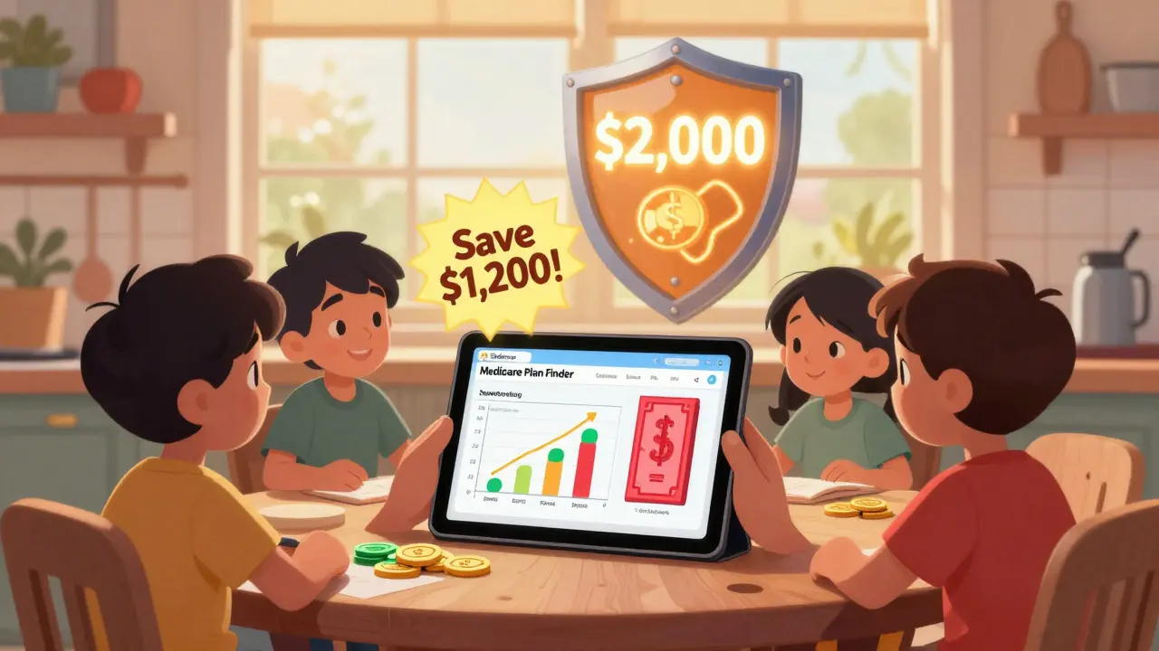 Family using a tablet to compare drug plans with savings shown on screen.