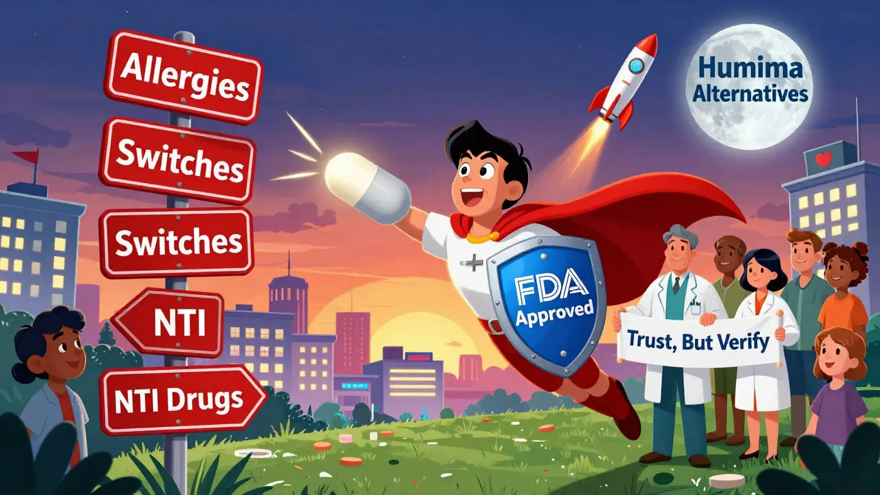 Heroic generic pill deflecting warning signs with FDA shield, doctor and pharmacist nearby.