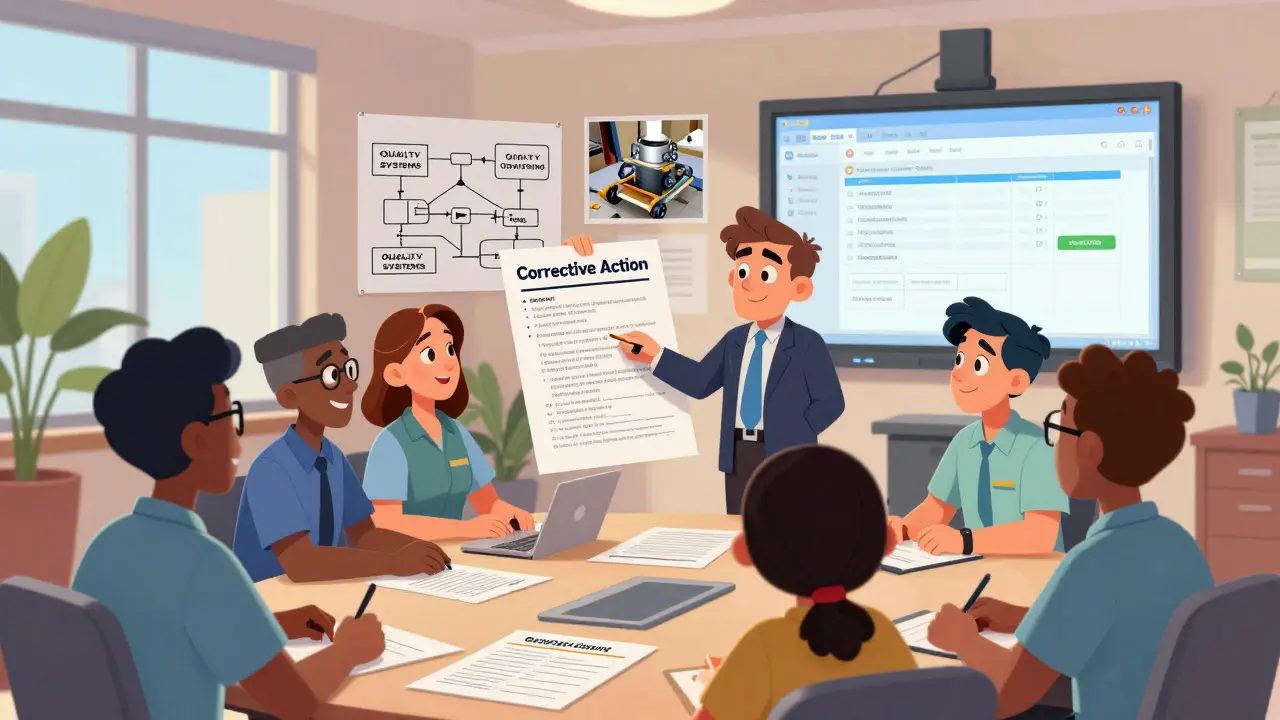 Manufacturing staff present a corrective action plan to an FDA inspector with flowcharts and training records on a table.