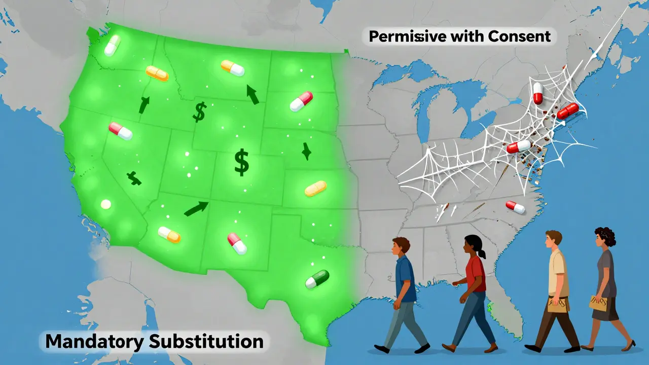 Map of the U.S. showing green, thriving generic access on one side and gray, restricted access on the other.