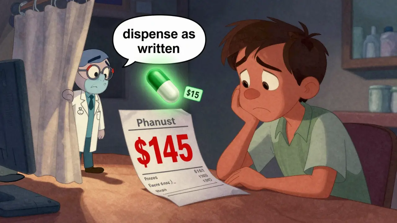 Patient shocked by a 5 drug bill while a cheap generic pill glows nearby.