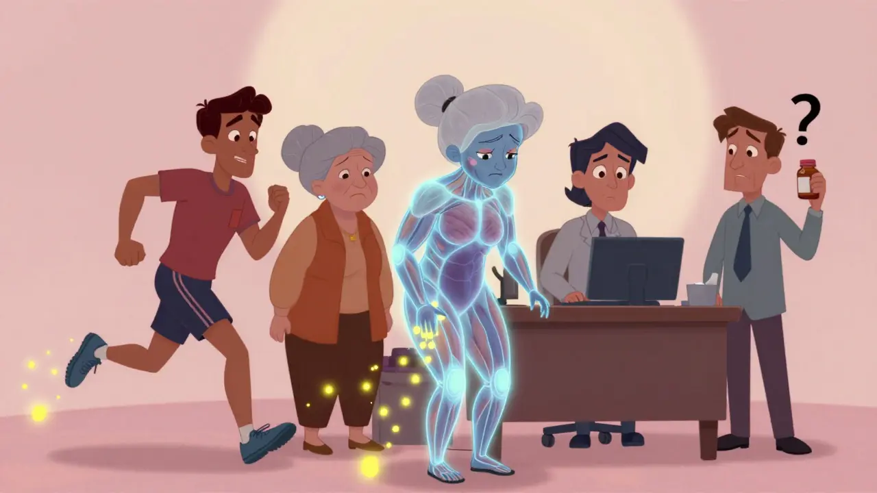 People with glowing muscles losing CoQ10 energy, one rubbing sore thigh in worry.